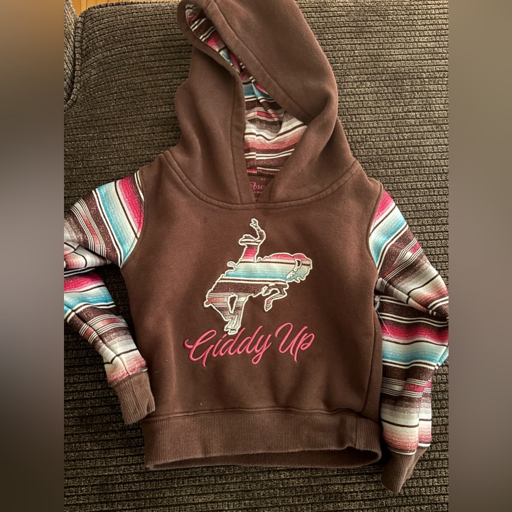 Giddy Up Brown Kids Hoodie with Striped Sleeves